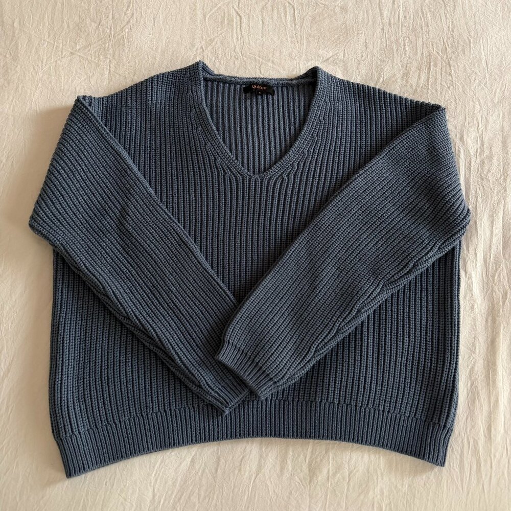Quince Organic Cotton Fisherman V Neck Sweater in Blue / Small